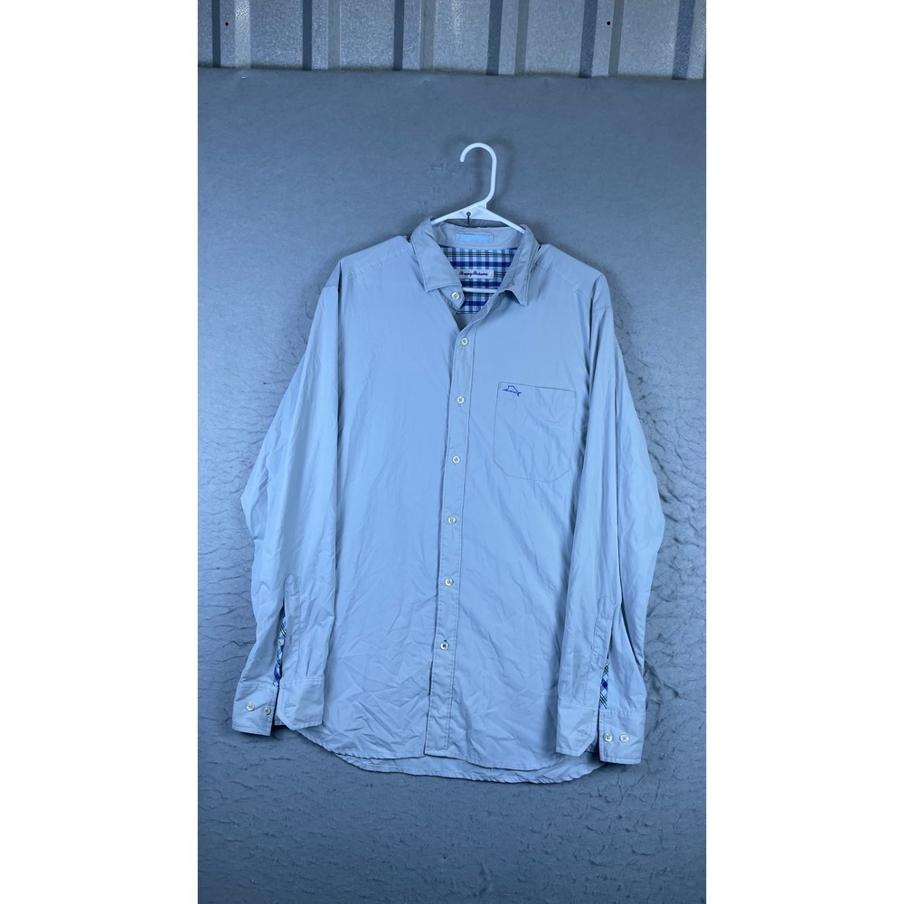 Tommy Bahama Button Down Shirt Mens Medium Gray Excellent Long Sleeve Plaid Trim